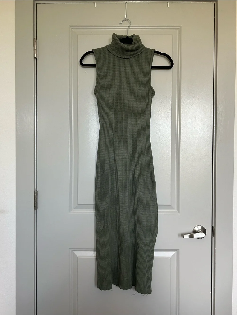 Stateside Olive Waffle Textured Sleeveless Turtleneck Midi Dress